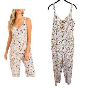 LUSH Cream Button Up Linen-Blend Abstract Printed Jumpsuit Size M